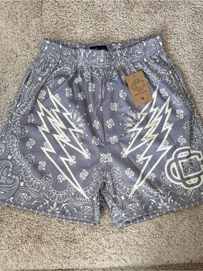 Men's Gray Athletic Shorts with White Graphic Lightning Print